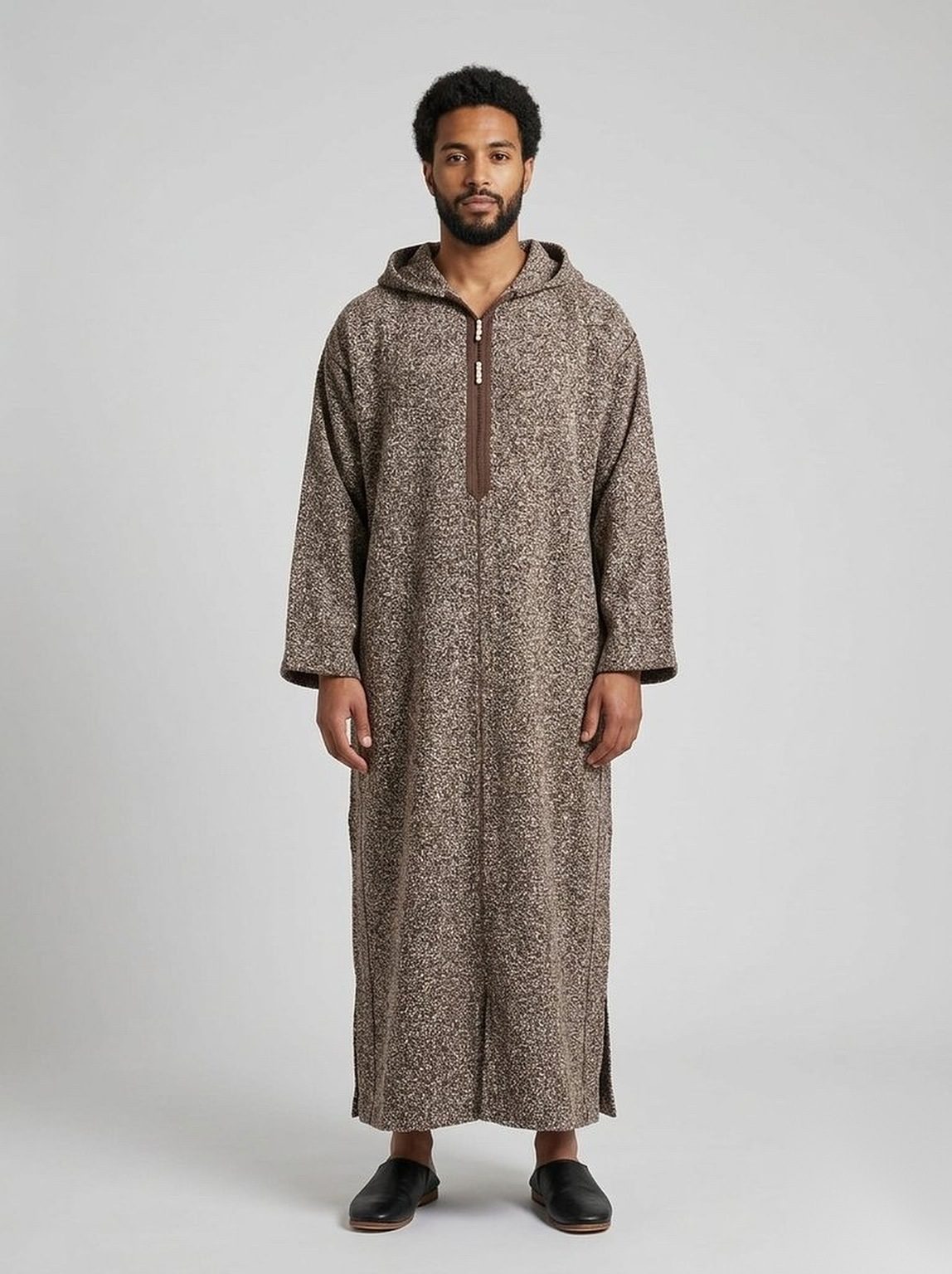Men's hooded winter jellaba in Brown Tweed, front view