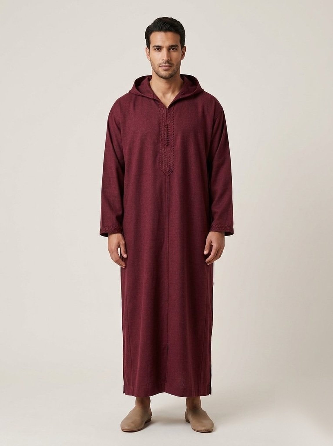 Men's hooded everyday jellaba in Burgundy, front view