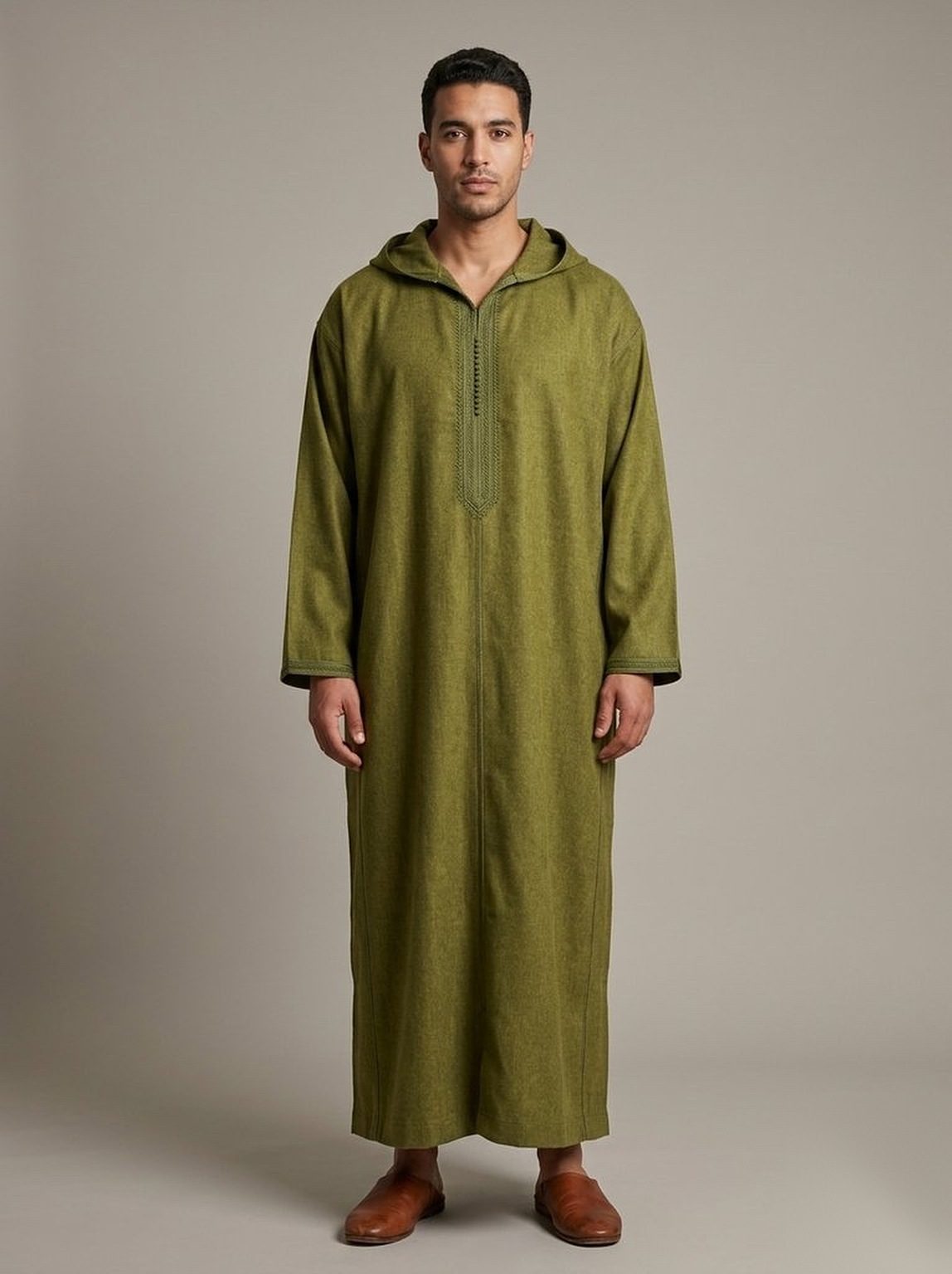 Men's hooded winter jellaba in Olive Green, front view