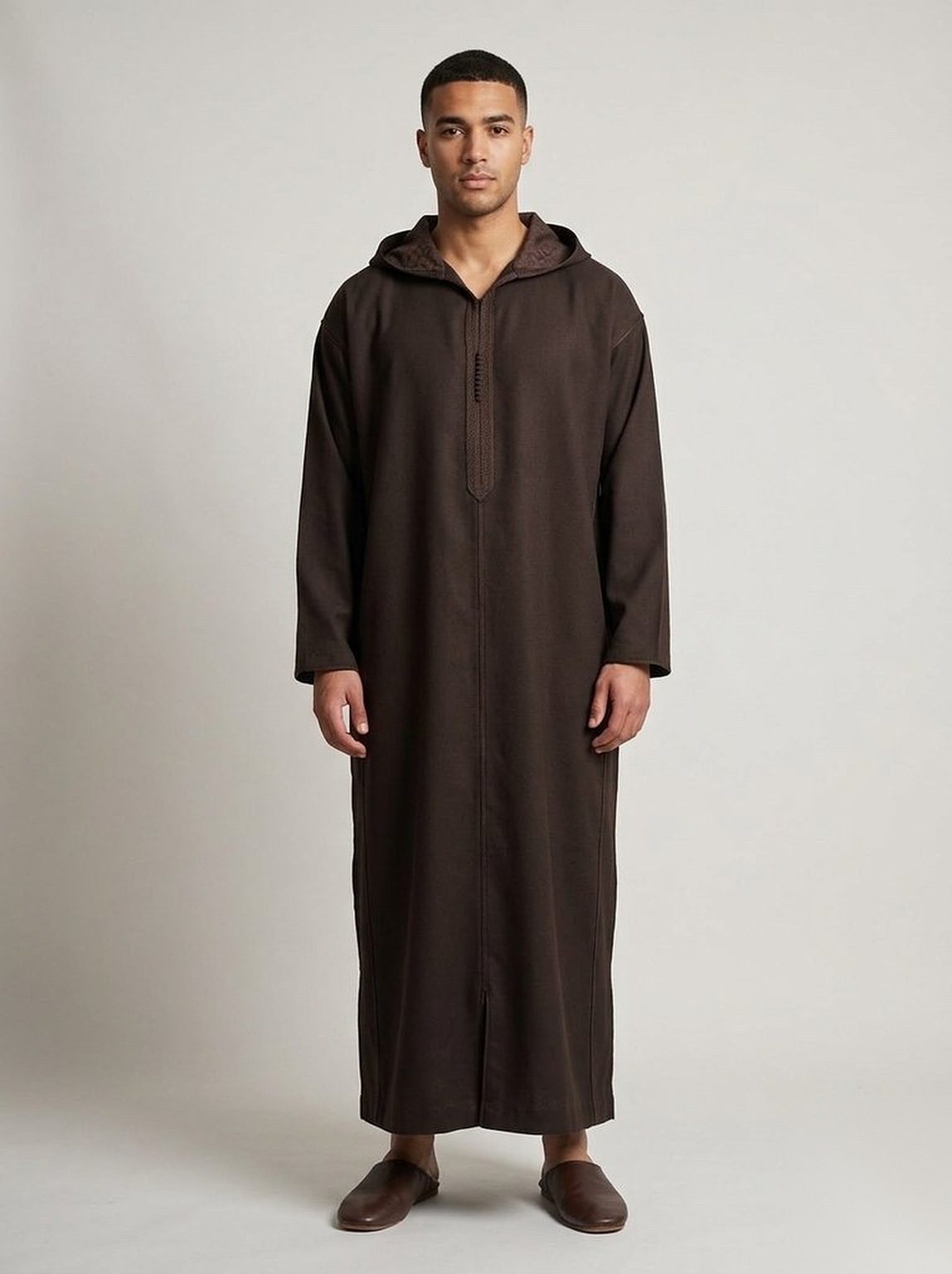 Men's hooded winter jellaba in Espresso Brown, front view