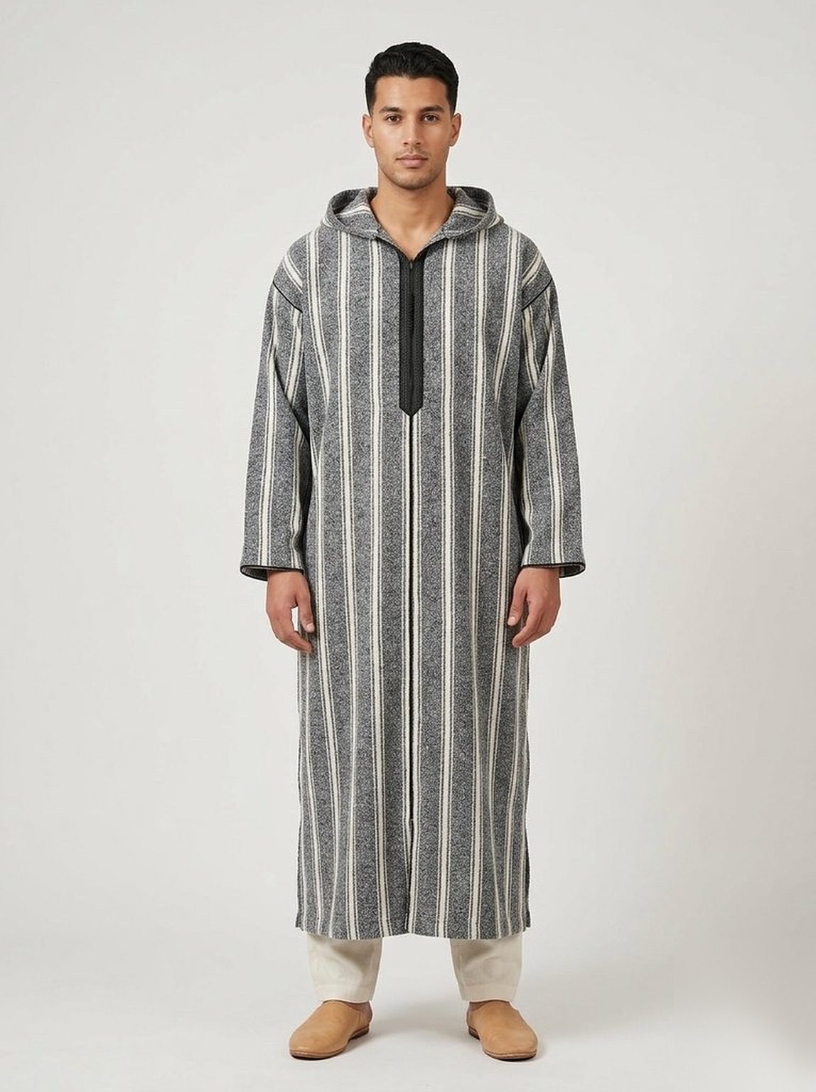 Men's hooded winter jellaba in Grey Stripe, front view
