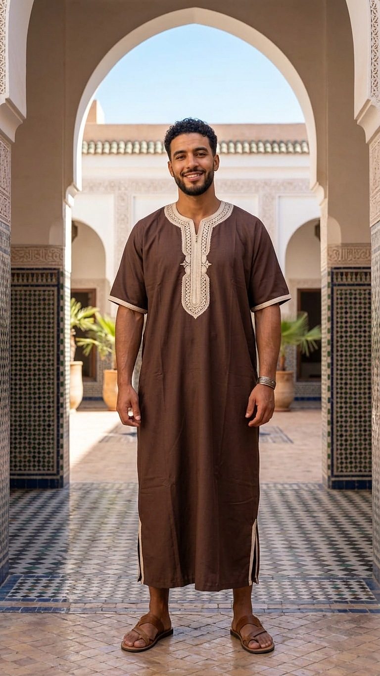 Man wearing a Chocolate Brown summer gandoura in a Moroccan riad courtyard
