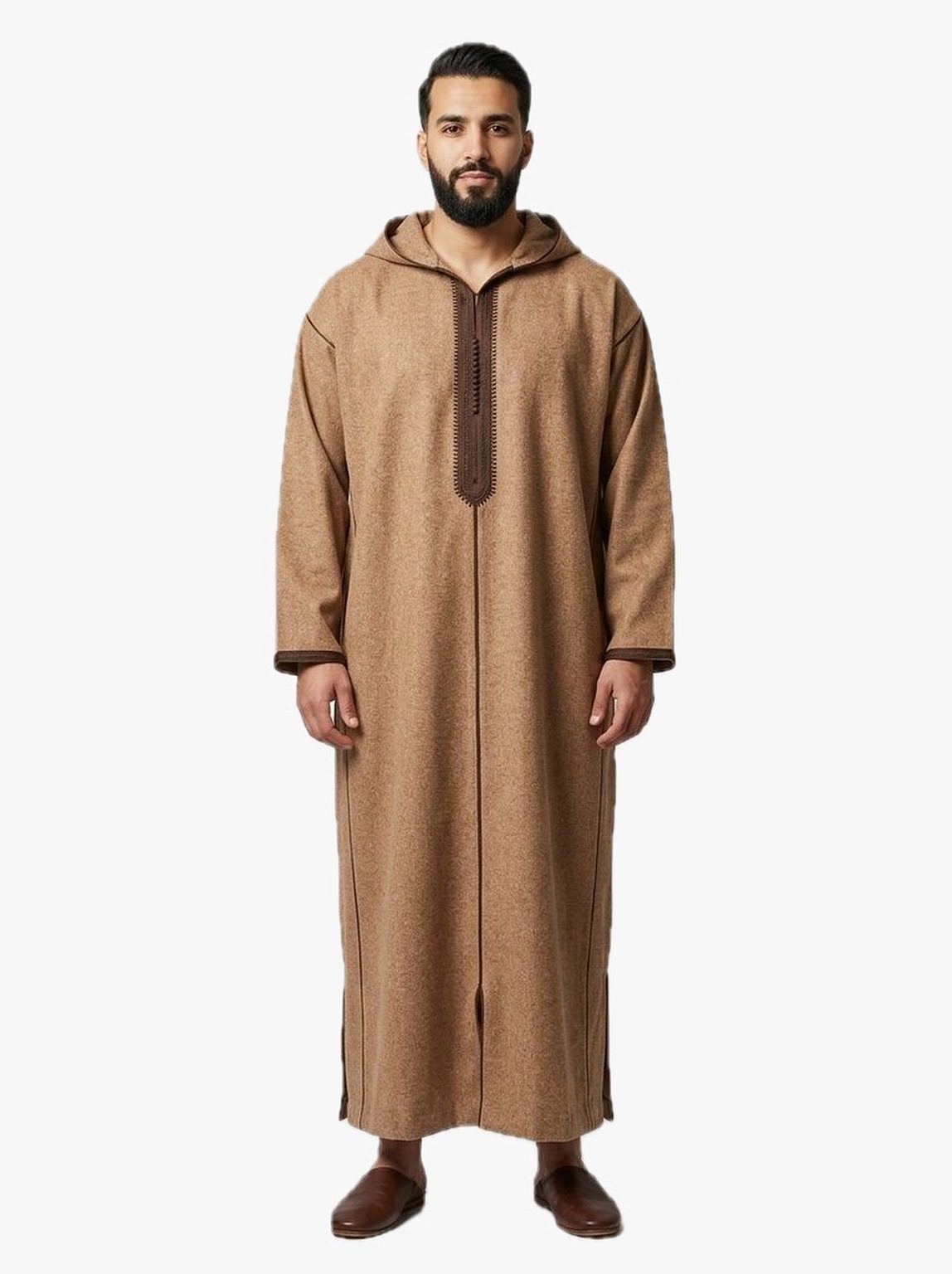 Men's hooded winter jellaba in Camel, front view