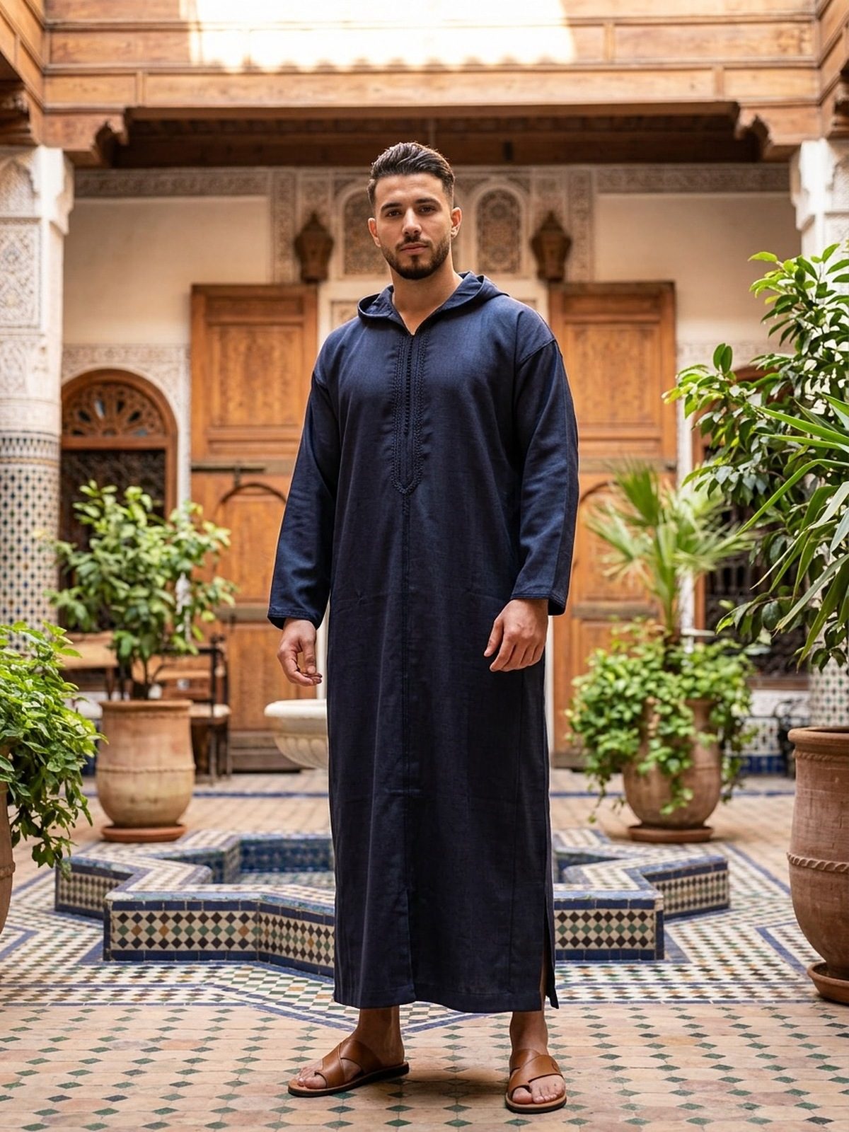 Men's hooded everyday jellaba in Midnight Navy, front view
