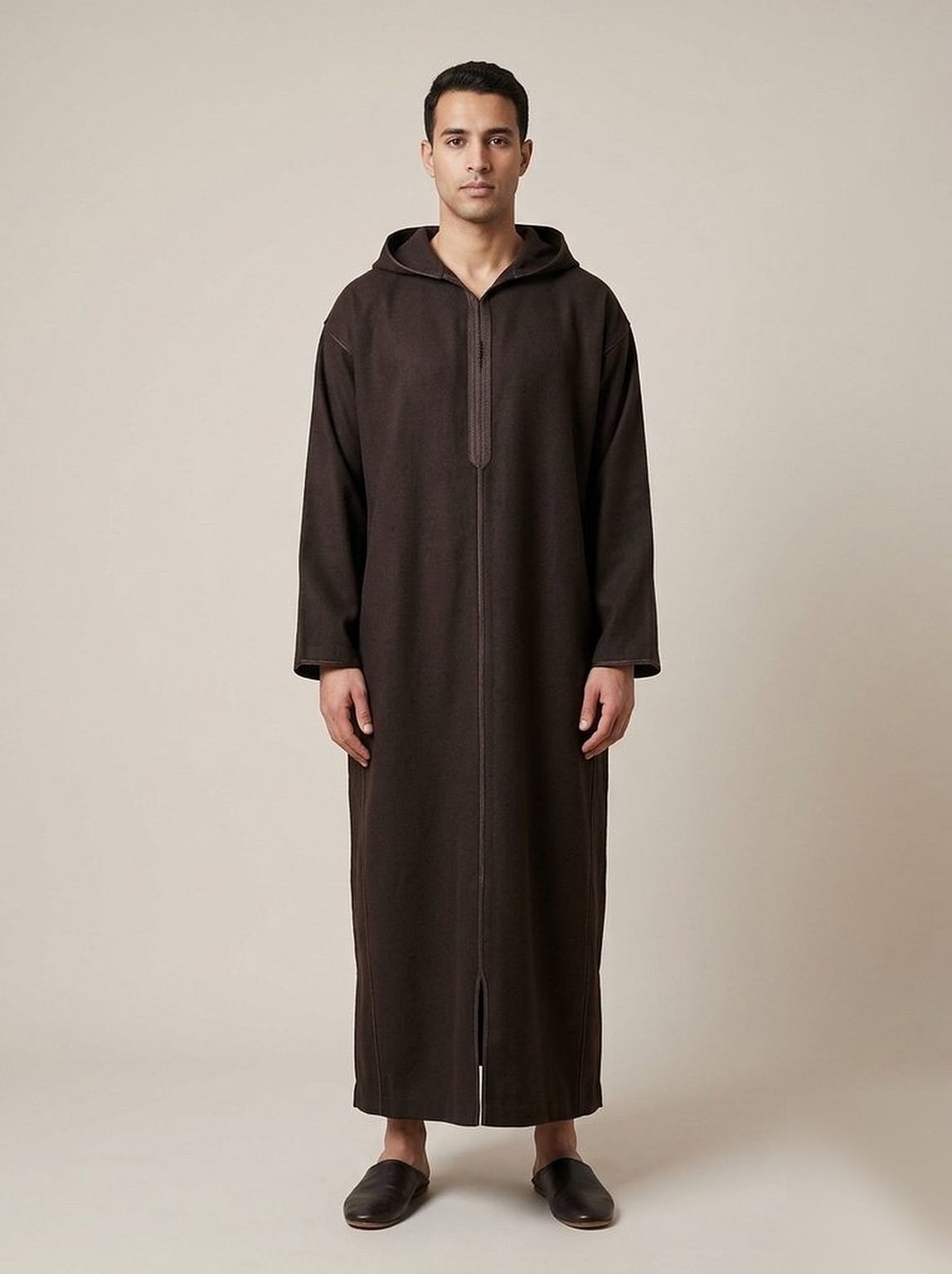 Men's hooded winter jellaba in Chocolate Brown, front view
