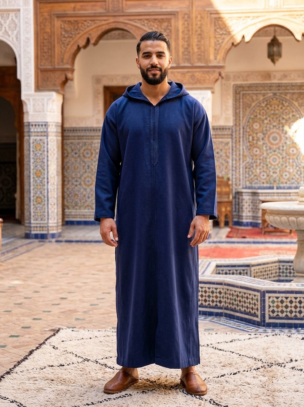 Men's hooded winter jellaba in Navy Blue, front view