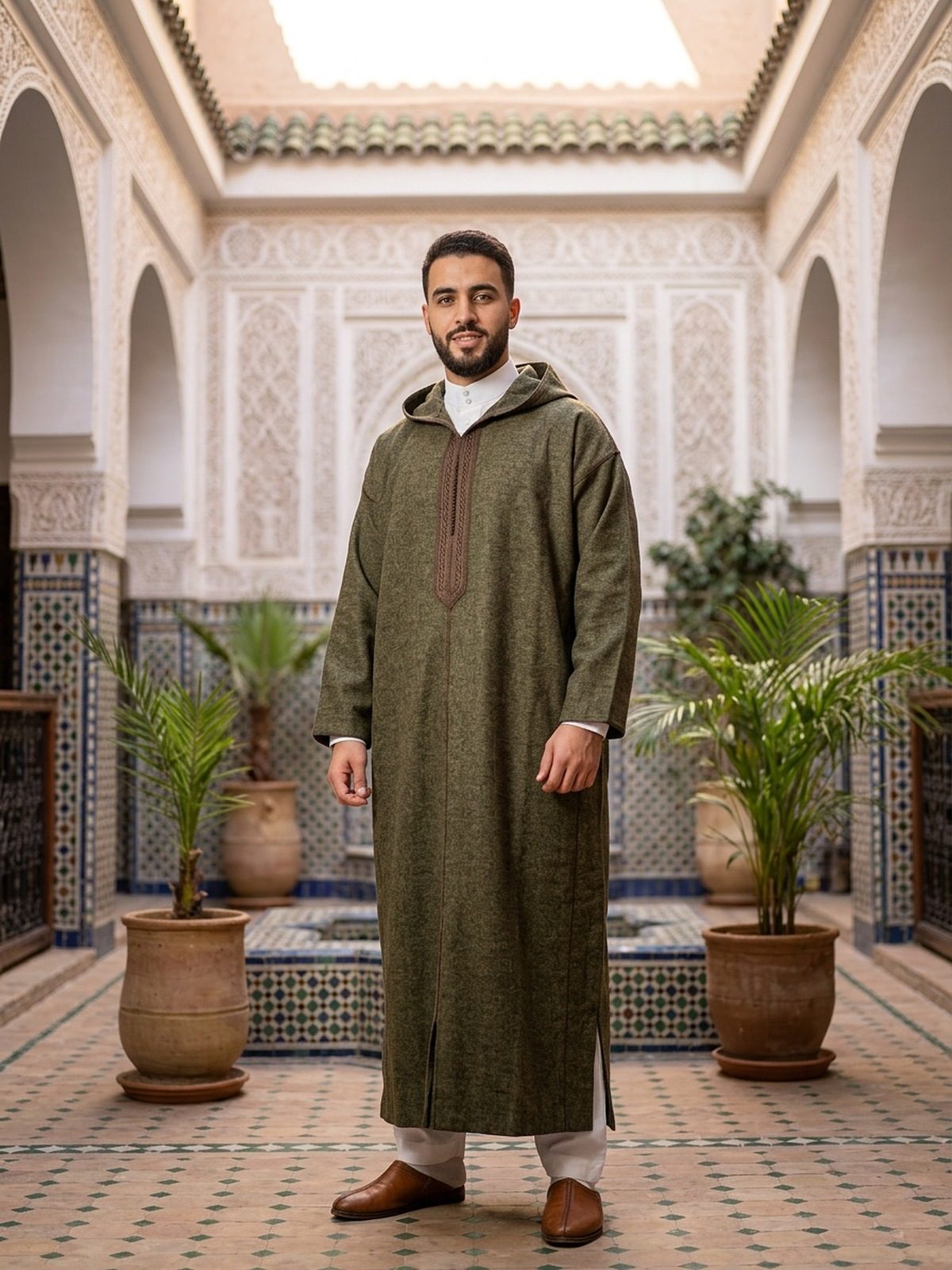 Men's hooded winter jellaba in Moss Green, front view