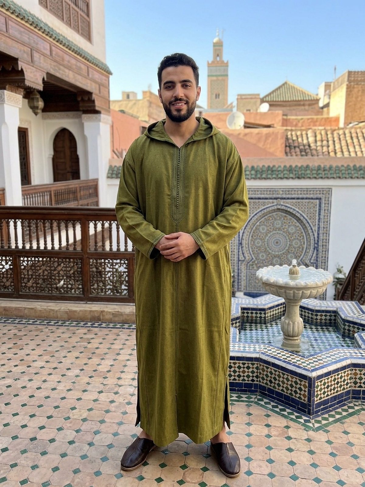 Men's hooded everyday jellaba in Lime Olive, front view