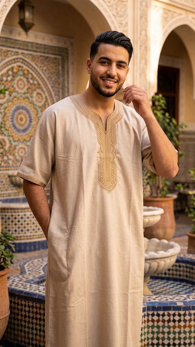 Man wearing a Sand Beige summer gandoura in a Moroccan riad courtyard