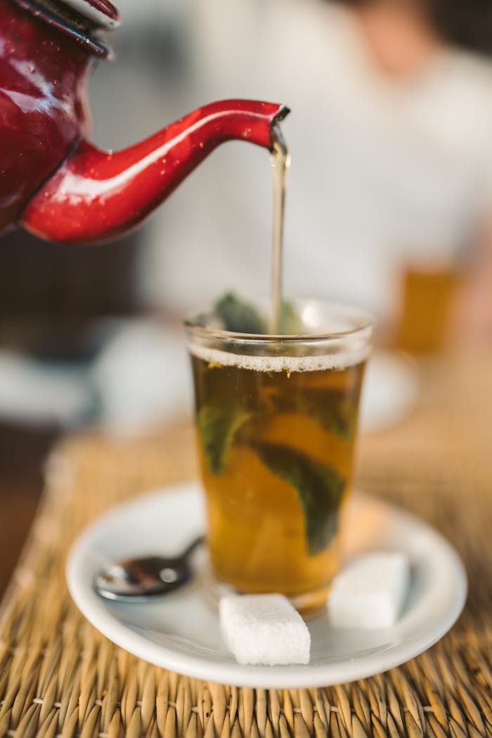 Close-up of Moroccan mint tea served with sugar cubes on a saucer.